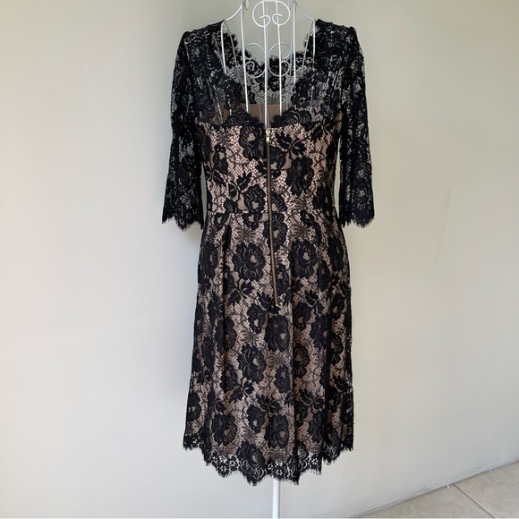Milly Celia 3/4 Sleeve short Dress SZ 4 Black Lace Blush silk Lining Scallop Hem - Picture 6 of 11